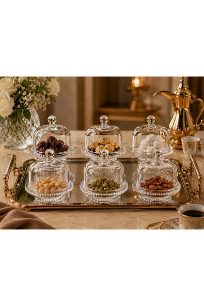 طقم تقديم زجاجي فاخر – 6 قطعة بغطاء أنيق لتقديم الشوكولاتة والضيافة