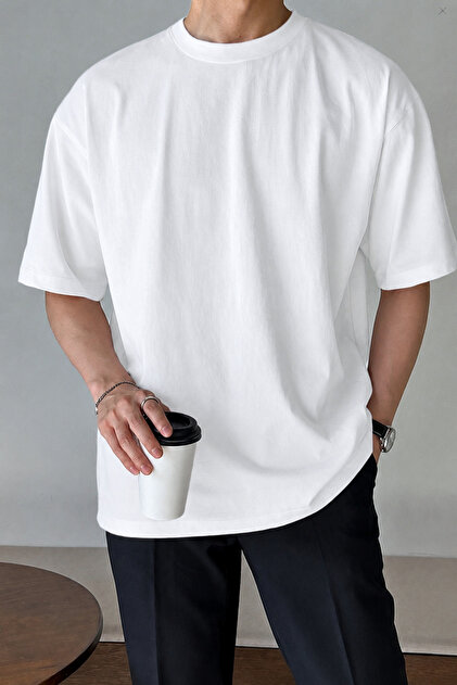Men's White Oversize Crew Neck 100% Cotton Plain Basic Summer T-shirt