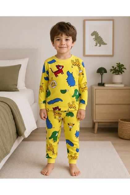 Boys' Cotton Cotton-Padded Yellow Lion Elephant Giraffe Safari Patterned Long Sleeve Winter Pajama Set