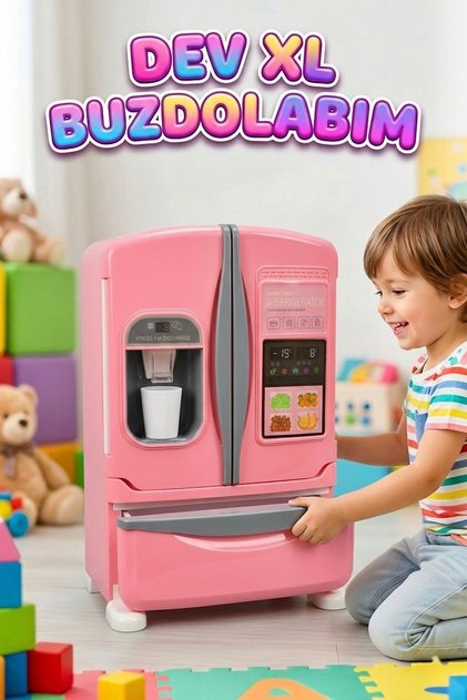 Pilli Işıklı Büyük Boy Oyuncak Buzdolabı Evcilik Oyun Seti Duman Efektli 3 Kapılı