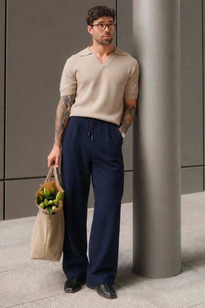 Navy Blue Adjustable Waist Pocket Detailed Loose Trousers 6545