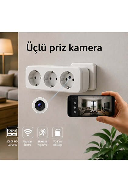 Beyaz Kablosuz Topraklı Çoğaltıcı Üçlü Priz Güvenlik Kamerası Wİ-Fİ 1080P HD 4K CCTV Kamera