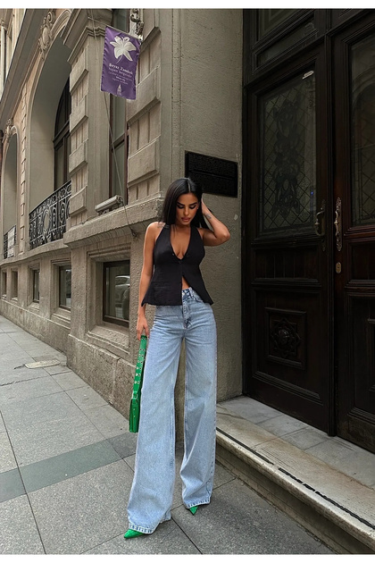 Açık Mavi Tasarım Wide Leg Pantalon