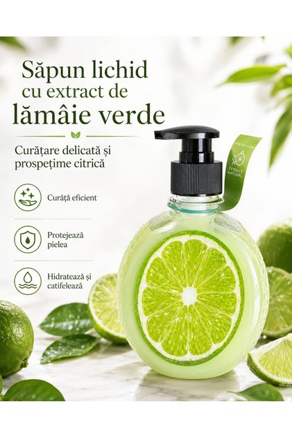 Sapun lichid crema pentru maini, Clean & Fresh, Lime, 500 ml, cu extract de lime, pompa dozatoare, sticla decorativa