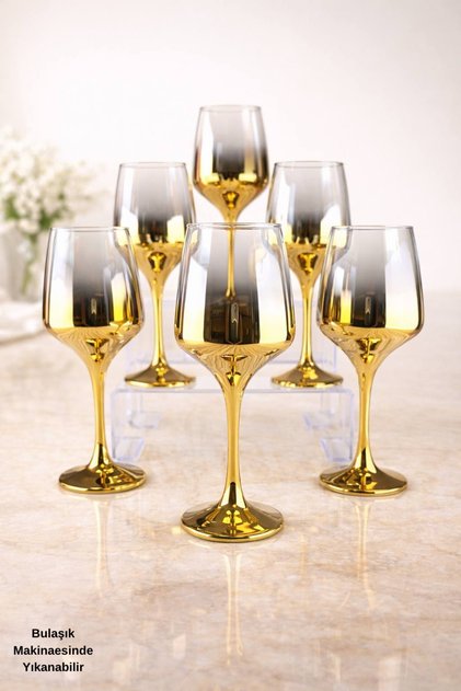 Lal Kadeh Set of 6 Glass Titanium Coated Goblets with Footed Stem - Modern and Stylish Dowry Goblet Set