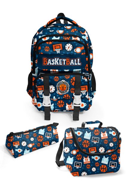 Basketball Patterned Five-Compartment 3-Piece School Bag Set 04597