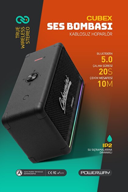 Powerway Cubex Bluetooth Hoparlör 40W Güçlü Ses, IPX2 Suya