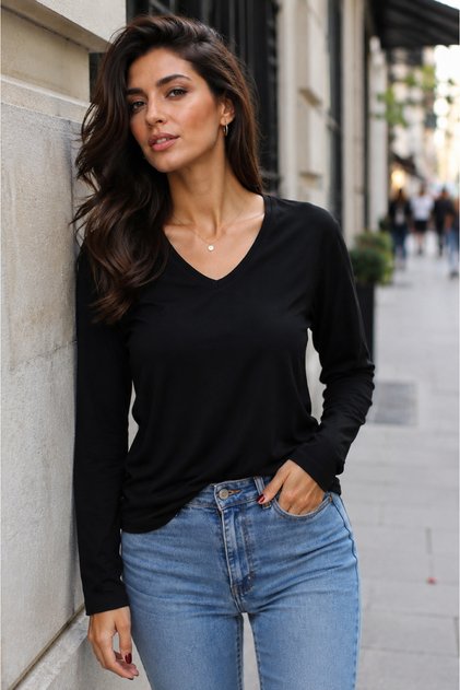 Women's V-Neck Casual Combed Cotton Blouse Black
