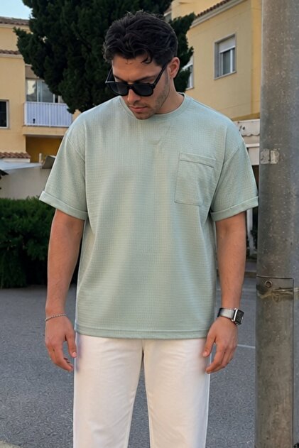 Mint Green Men's Oversize T-Shirt with Pocket Detail 6194