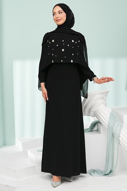 Black Front Cape Detailed Stoned Evening Dress
