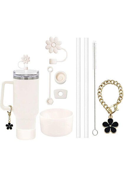 cream 9pcs Accessories Set 3 Spill Proof Stopper Flowers Straw Cover Boot 2 Straw and Brush and 1 Fl