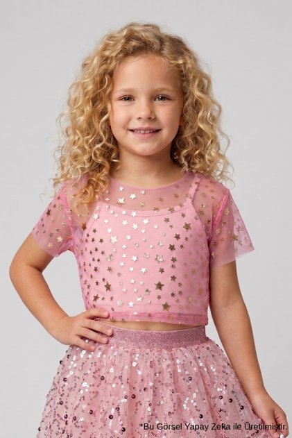 Pink Star Printed Short Sleeve Girls' Tulle Crop Top