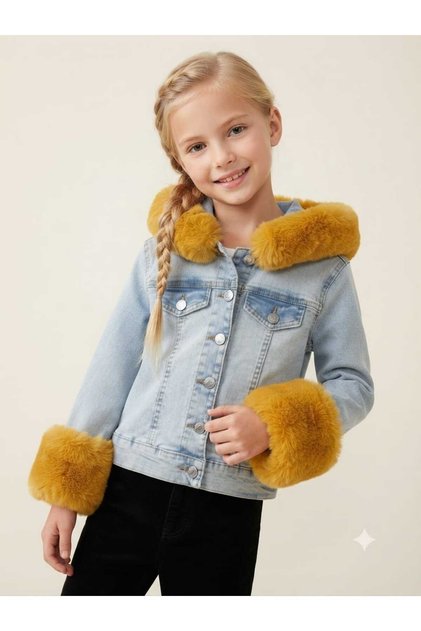 Girl's Hooded Blue Denim Jacket with Fur Detail on Sleeves