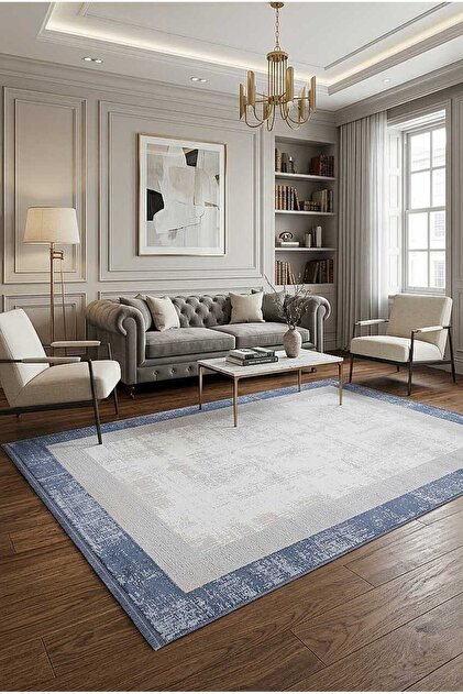 Dekoratif Palermo Klasik Çerçeveli Salon Halısı Pl01 Mavi