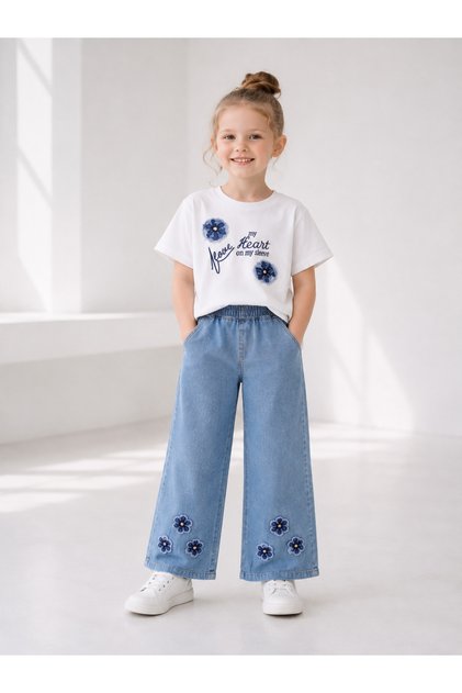 Girl's Stylish Summer Set – Printed T-Shirts & Loose Jeans with Floral Embroidery