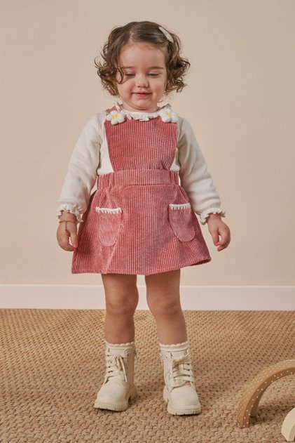 Girl's Daisy Detailed Salopet and Bodysuit Set Powder
