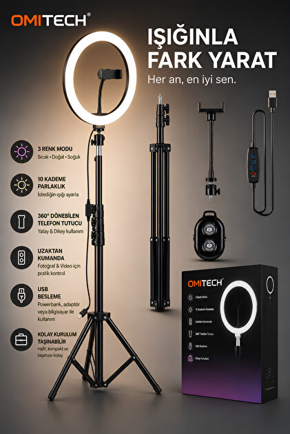 LED Ring Light 210 cm Tripodlu Telefon Tutuculu USB Makyaj Canlı Yayın Video Işığı