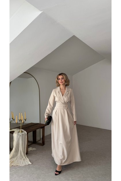 Double-Breasted Collar Button Detailed Women's Long Dress