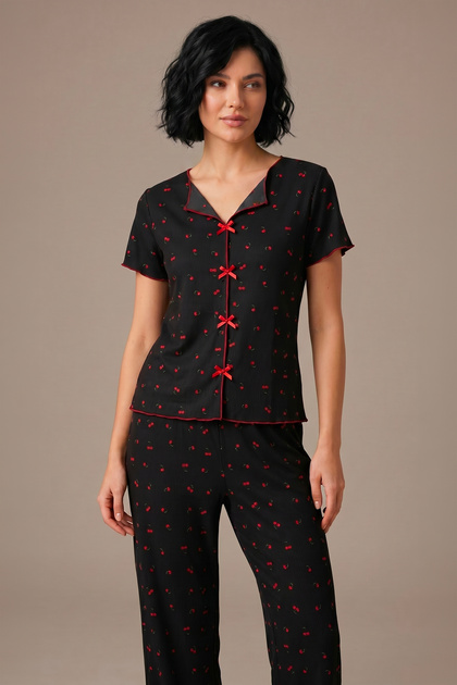Buttonless Soft Short Sleeve Cherry Patterned Alaçatı Summer Pajama Set Black