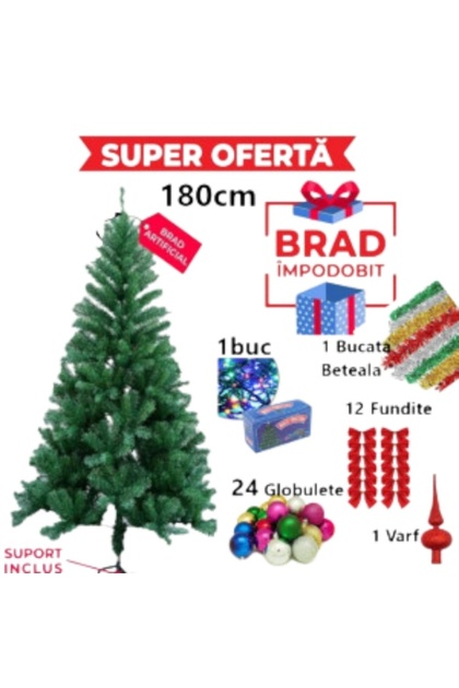 Oferta Brad Artificial de Craciun 180cm, Suport Inclus + Cadou Accesorii Impodobit- Instalatie Colorata , 24 Globulete, 1 Beteala, 1 Varf Brad si 12 Fundite Rosii