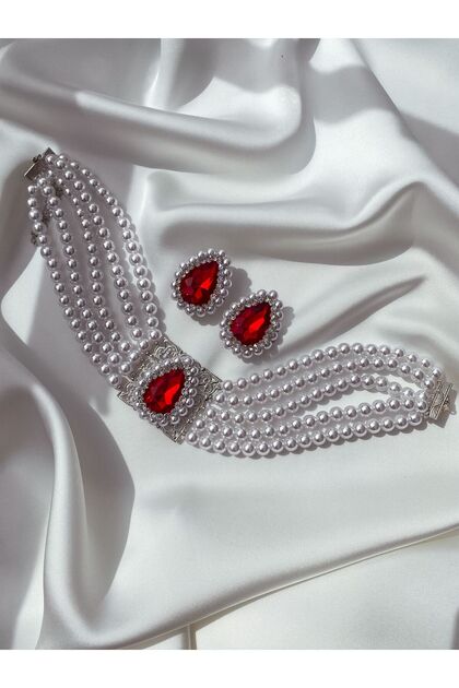 L MAN Women's Red Stone Earrings Shiny Handmade Evening Dress Jewelry Set-  Trendyol