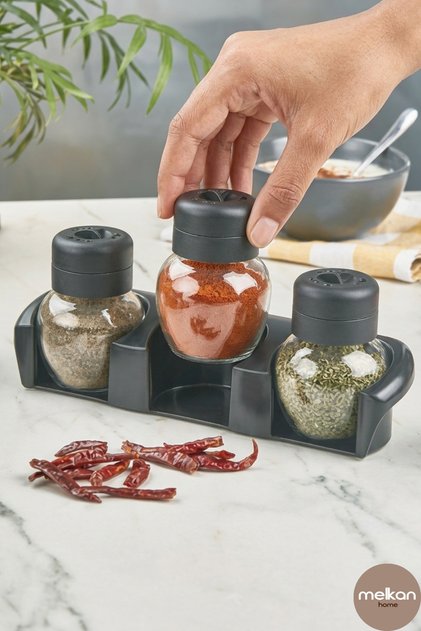 3-Piece Glass Spice Set – Salt and Pepper Shakers with Containers and Stand, Spice Containers 210 ml - 29X8.7X11 cm