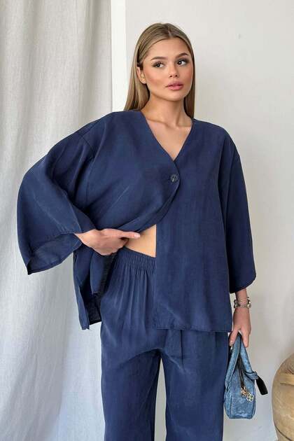 Women's V-Neck Single Button Tencel Fabric Blouse Navy Blue - Ms0001558