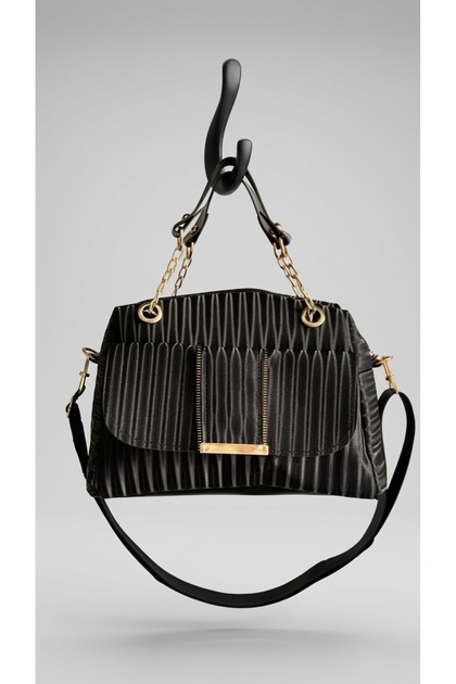 Women's Pleated Black Double Compartment Handbag with Shoulder Strap