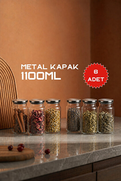 Metal Kapaklı Cam Kavanoz 1100 ml (6 Adet) – Kapaklı Saklama Kavanozu Seti, Baharatlık/Kuru Gıda Kavanozu 19x10 cm