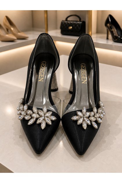 Siyah Taşlı Sivri Burun Stiletto Topuklu Kadın Abiye Ayakkabı