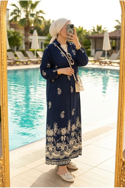 Women's Ethnic Patterned Buttoned Long Hijab Dress Comfortable Fit