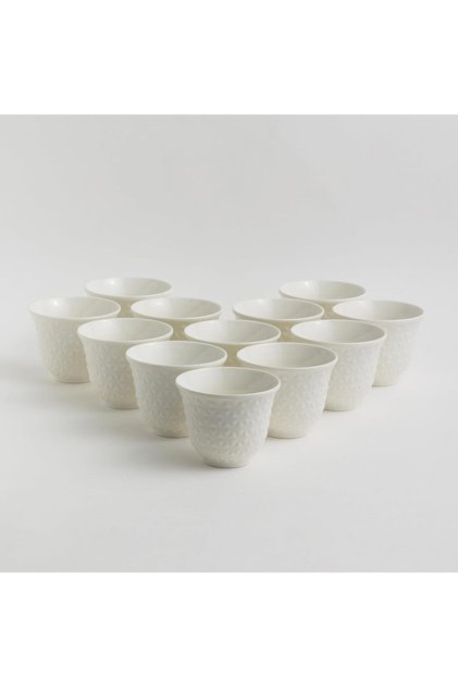 Saudi Coffee Cup Set, 12 Porcelain 80ml with Embossed Designs for Hospitality