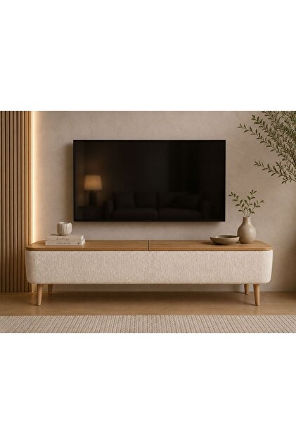 own home Sarven Sandıklı TV Ünitesi, Teddy Kumaş Kaplamalı Ahşap