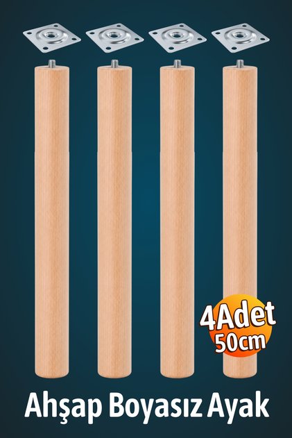 Bohem 50 cm (4 Adet) Doğal Ahşap Boyasız Silindir Sehpa Ayağı - (4 Adet) 4x4 Metal Montaj Aparatı