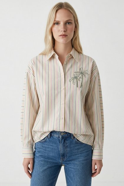 قميص مطرز بياقة وأكمام طويلة قميص عادي