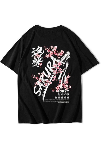 Unisex Oversize Sakura Tokyo T-shirt Siyah
