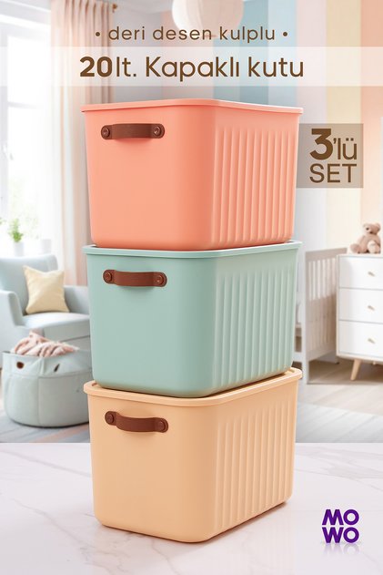 3 Adet BigBox Kulplu 20 Lt Mix Renk Dolap Düzenleyici Saklama Kutusu Sepet Organizer Oyuncak kutusu