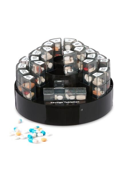 Organizator de pastile pentru 31 de zile, 4 compartimente pe zi, din plastic, negru, 14 x 21 cm