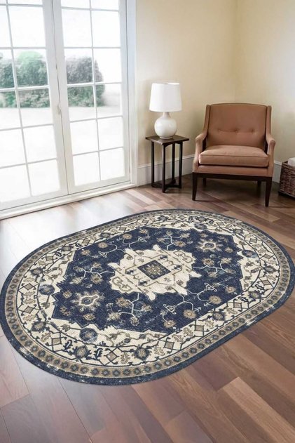 Premium Vintage Lacivert Etnik Desenli Halı Kaymaz Taban Yıkanabilir Salon Halısı-OVAL LC