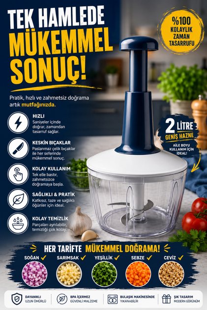 2 Liter Manual Hand Roller Vegetable Chopper with Large Chamber and 3 Blades