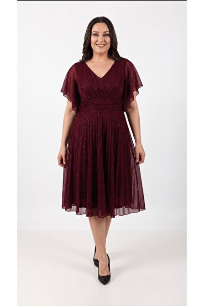 GZELLER Plus Size Midi Length Short Sleeve Glitter Evening Dress- Trendyol GZELLER Plus Size Midi Length Short Sleeve Glitter Evening Dress- Trendyol