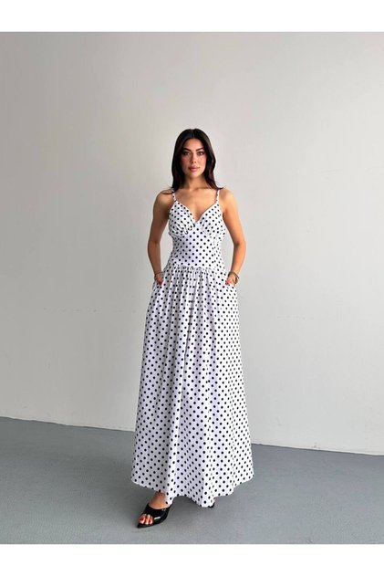 Long Length Polka Dot Dress with Straps and Bust Handles