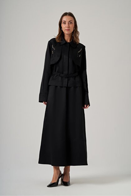 1044 Parachute Stone Embroidered Skirt Suit Black
