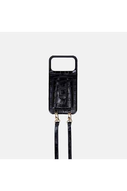 iPhone 17 Pro Max Black Leather Phone Case with Removable Strap