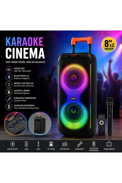 DR-8830 Bluetooth Speaker Kablosuz Mikrofonlu Taşınabilir Tekerlekli Valiz Tipi Şarjlı Hoparlör Büyük Boy Party Speaker Fm Radyolu Hafıza Kartı ve Usb Girişli Tws Özellikli Süper Bass Hoparlör