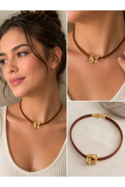Brown Leather Cord Double Flower Detailed Gold Plated Choker Necklace