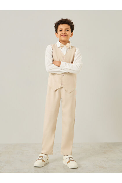 Boys Beige Waistcoat with Pants and Shirt with Bow Set