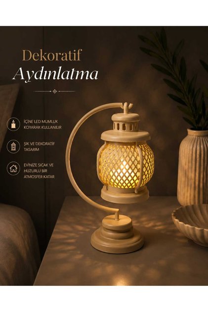 Dekoratif Askılı Fener Mumluk - Rustik Masa Üstü Led Mumlu Gece Lambası - 17CM