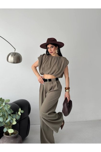 Women's Trendy Belted Trousers Padded Crop Blouse Loose Set