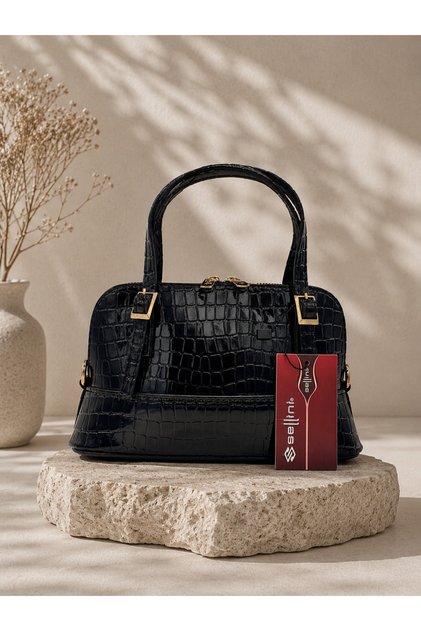 Elegant Croco Black Women's Shoulder and Hand Bag